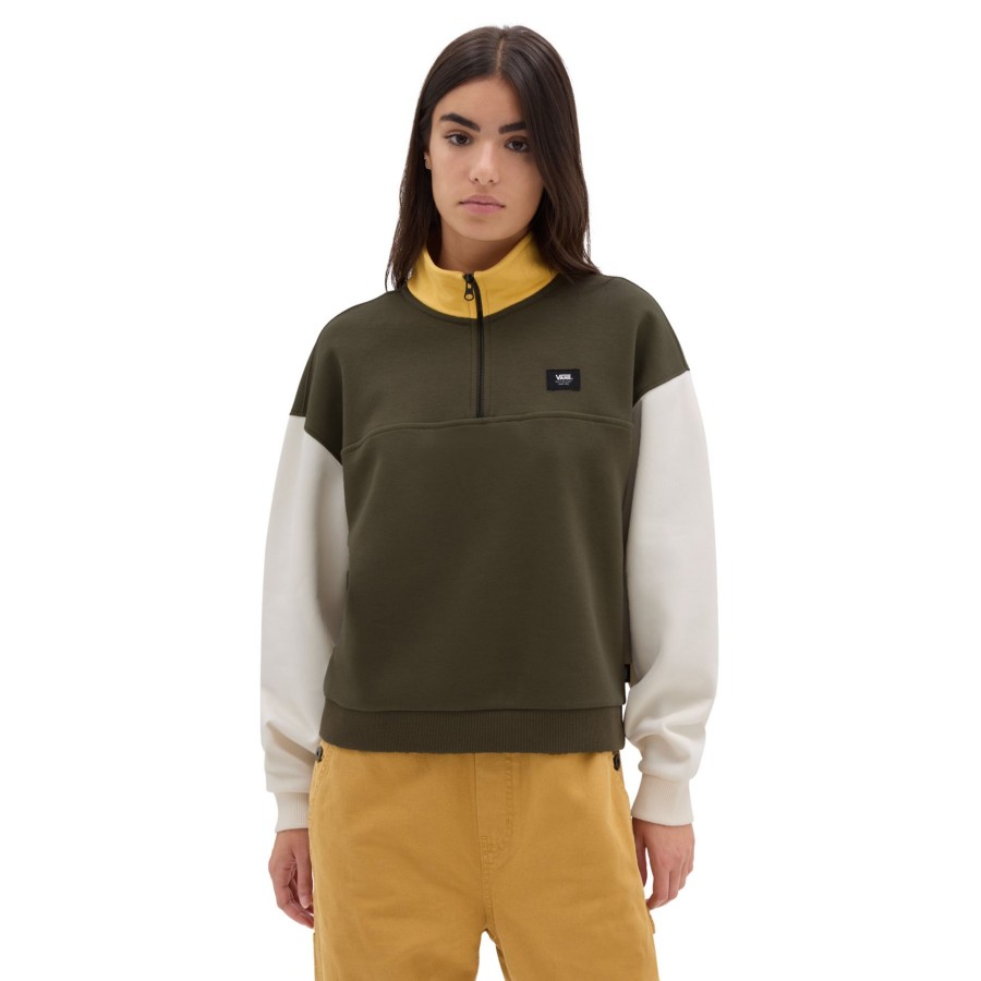 Damen Vans Kapuzenpullover & Pullover | Colorblock Half Zip Mock Hoodie Grun