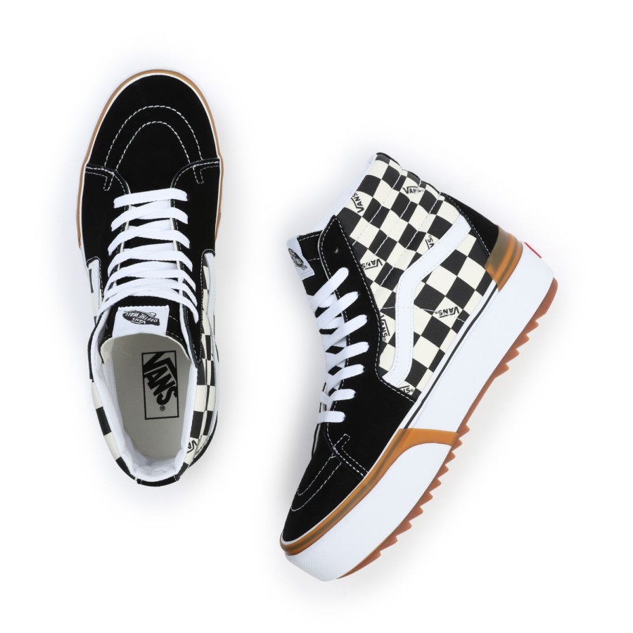 Damen Vans Plateauschuhe | Checkerboard Sk8-Hi Stacked Schuhe Schwarz, Weis