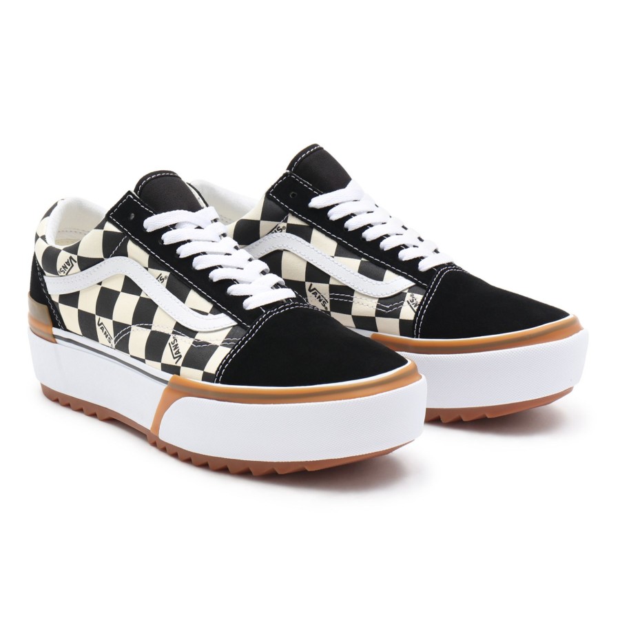 Damen Vans Low-Top Sneaker | Checkerboard Old Skool Stacked Schuhe Schwarz, Weis