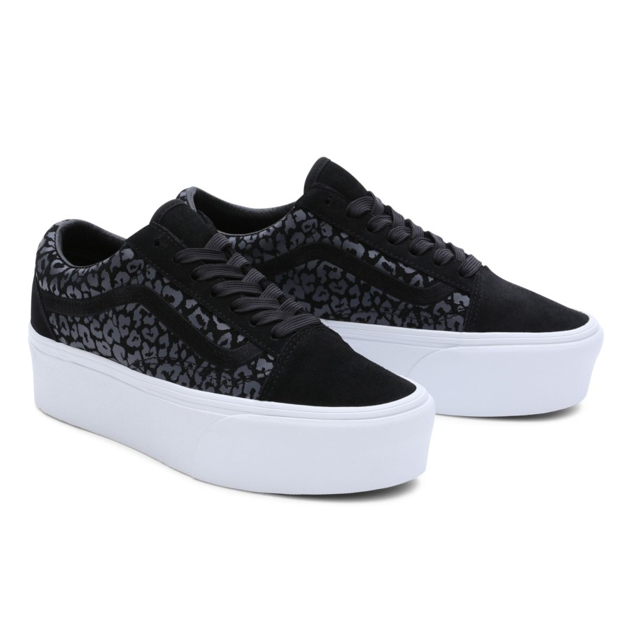 Damen Vans Plateauschuhe | Mono Embroidery Old Skool Stackform Schuhe Schwarz