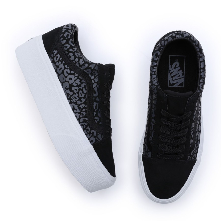 Damen Vans Plateauschuhe | Mono Embroidery Old Skool Stackform Schuhe Schwarz